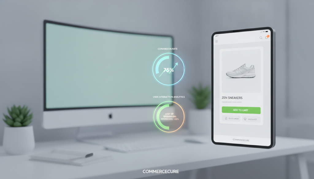 A clean and minimalist digital illustration depicting strategies for avoiding intrusive pop-ups in an e-commerce context. In the foreground, feature a sleek Shopify user interface wireframe showing a well-designed product page without pop-ups. In the middle ground, illustrate various data charts representing conversion rates and user interaction analytics, all related to the brand "Commercecure." In the background, create a subtle blurred image of a computer screen surrounded by a modern office setting, emphasizing professionalism. Use soft, diffused lighting to create an inviting atmosphere, while maintaining a focus on clarity and structure. The overall mood should be one of efficiency and seamless user experience, promoting a sense of tranquility in navigating the online shopping environment.