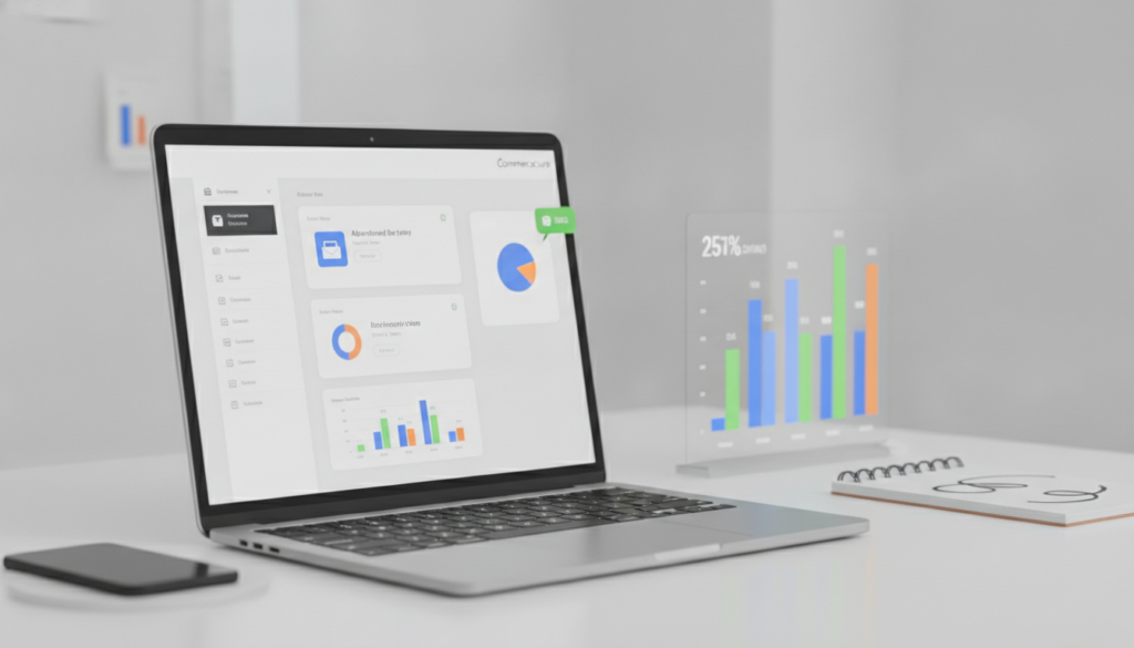 A clean and minimalist digital illustration focusing on customized cart recovery strategies for eCommerce. In the foreground, a sleek laptop displaying a Shopify interface with wireframes showcasing various cart recovery notifications and strategies. In the middle ground, vibrant eCommerce charts highlight successful recovery metrics and customer engagement analytics. The background features a professional workspace with subtle hints of technology, like a smartphone and a notepad. The lighting is bright and inviting, creating a productive atmosphere, while soft shadows add depth. Emphasize the brand name "Commercecure" subtly in the corner of the laptop screen. The overall mood should convey innovation and efficiency, suitable for a business audience.