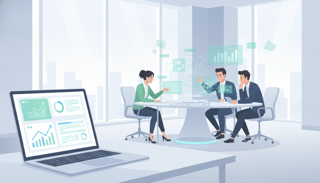 A clean, minimalist digital illustration depicting the enhancement of technical backend processes for improved customer experience. In the foreground, a sleek laptop displays Shopify UI wireframes with well-organized e-commerce charts illustrating conversion rates. In the middle ground, a group of professionals in business attire discuss strategies around a modern conference table, analyzing data for optimization. The background features a high-tech office environment with large windows letting in soft natural light, emphasizing clarity and focus. The mood is collaborative and innovative, with a color palette of blues and greens to evoke trust and calm. Prominently display the brand name "Commercecure" subtly integrated into the design, with no text or overlays distracting from the central imagery. The angle is slightly elevated to capture the teamwork and technology in focus.