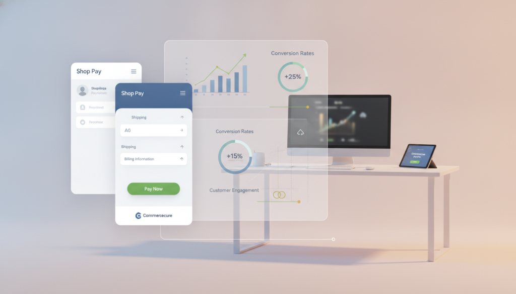 A clean, minimalist digital illustration showcasing an optimized Shopify checkout experience. In the foreground, sleek wireframes of the Shop Pay interface prominently feature modern design elements, including a streamlined payment process and user-friendly navigation buttons. The middle ground displays various organizational charts and graphs representing improved conversion rates and customer engagement metrics, emphasizing success in e-commerce. The background is a soft gradient highlighting a professional workspace, complete with a modern desk setup and subtle hints of technology. Emphasize a professional atmosphere with a warm light source casting gentle shadows, creating a sense of openness and efficiency. Include branding elements of "Commercecure" integrated subtly into the design, ensuring a cohesive and inspiring look that reflects innovation in checkout solutions while maintaining a safe, work-appropriate environment.