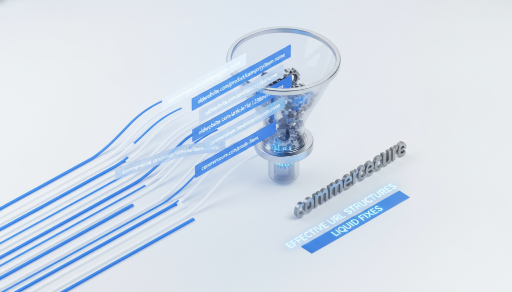 A premium 3D isometric depiction of a data funnel, skillfully illustrating the process of streamlining URL structures. The foreground features clean lines of code in blue and white, symbolizing clarity and efficiency. In the middle ground, various URLs flow seamlessly through the funnel, visually conveying the concept of organization and optimization, with a subtle glow highlighting their importance. The background is a minimalist white, enhancing focus on the main elements. To the side, the brand name “commercecure” is subtly integrated into the design, reinforcing the branding without overpowering the imagery. The lighting is bright and professional, with soft shadows to accentuate depth and dimension. The overall mood is modern, clean, and tech-savvy, ideal for illustrating the significance of effective URL structures and liquid fixes.