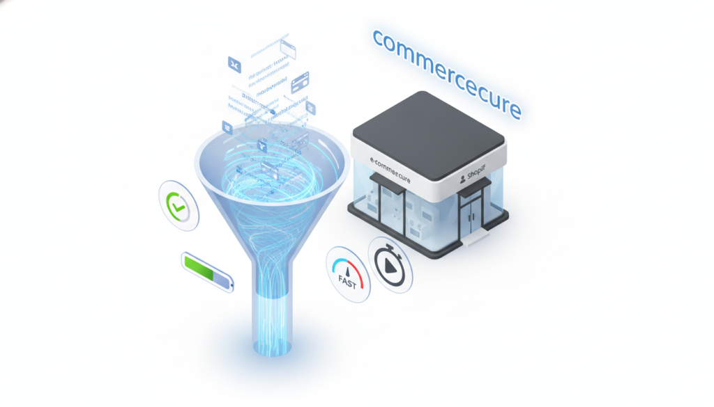 A premium 3D isometric design showcasing a data funnel filtering URLs against a clean white background. In the foreground, vibrant blue and white lines represent optimized web traffic flowing smoothly through the funnel, symbolizing enhanced site speed. The middle layer features icons of performance metrics, such as loading bars and speedometers, arranged neatly. In the background, a sleek digital landscape portrays a modern e-commerce storefront, subtly hinting at the Shopify interface. The overall atmosphere conveys innovation and efficiency, with bright, professional lighting emphasizing clarity. The brand name "commercecure" appears stylishly integrated, reflecting trust and expertise in optimizing core web vitals.