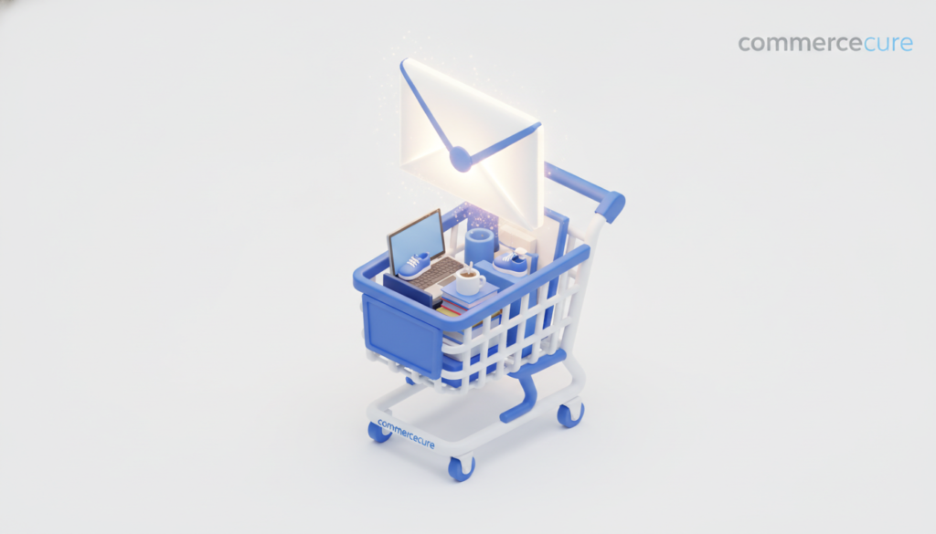 A premium 3D isometric illustration featuring a sleek shopping cart rendered in blue and white, dynamically pulled by a glowing email envelope. The shopping cart symbolizes the abandoned cart concept, while the glowing envelope represents effective email communication. In the foreground, the shopping cart is slightly angled to showcase its contents, filled with various products, capturing attention and implying urgency. In the middle ground, the glowing email envelope floats above, radiating light to signify important timing strategies for email outreach. The background is a clean, minimalist white to enhance focus on the subjects. The mood is professional and optimistic, illustrating the potential success of well-timed communication strategies. The brand name "commercecure" subtly integrates into the image, enhancing brand recognition without overwhelming the design.