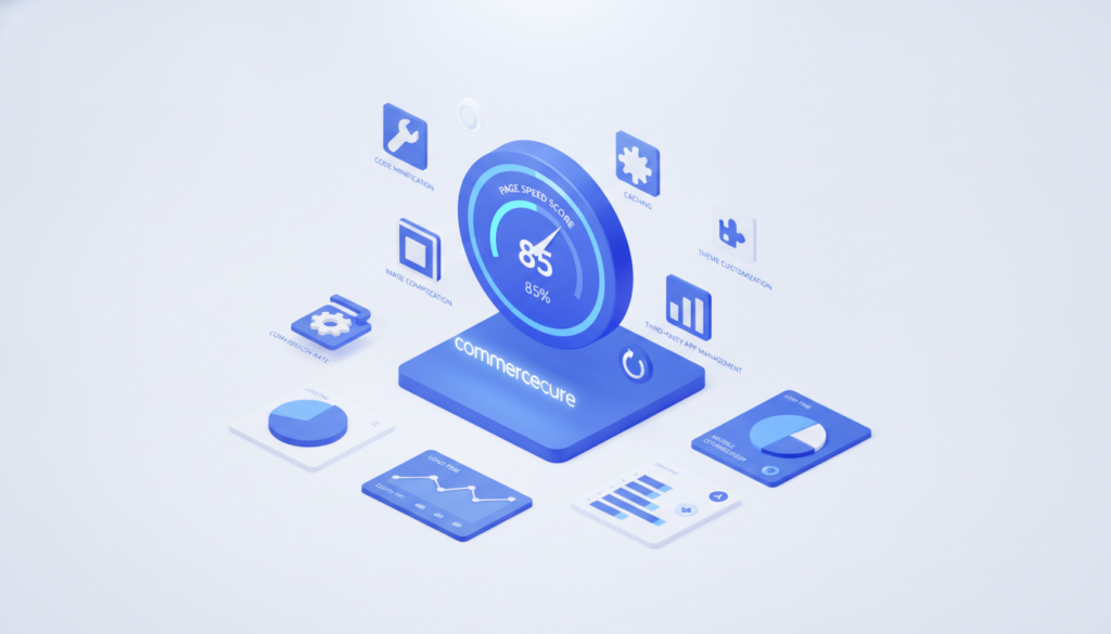 A premium 3D isometric illustration of a Shopify dashboard featuring a speed optimization theme, prominently displaying a speed gauge at 85. The dashboard is designed in a sleek blue and white color scheme, set against a clean white background. In the foreground, intricate graphs and charts represent various performance metrics, emphasizing clarity and data-driven insights. The middle ground showcases digital tools and optimization strategies like image compression, code minification, and theme customizations, all related to website speed. The atmosphere conveys a sense of professionalism and innovation, reflecting a modern e-commerce environment. The brand name "commercecure" is elegantly integrated into the design without overlays. Soft, diffused lighting enhances the 3D elements, creating depth and focus on the dashboard components.