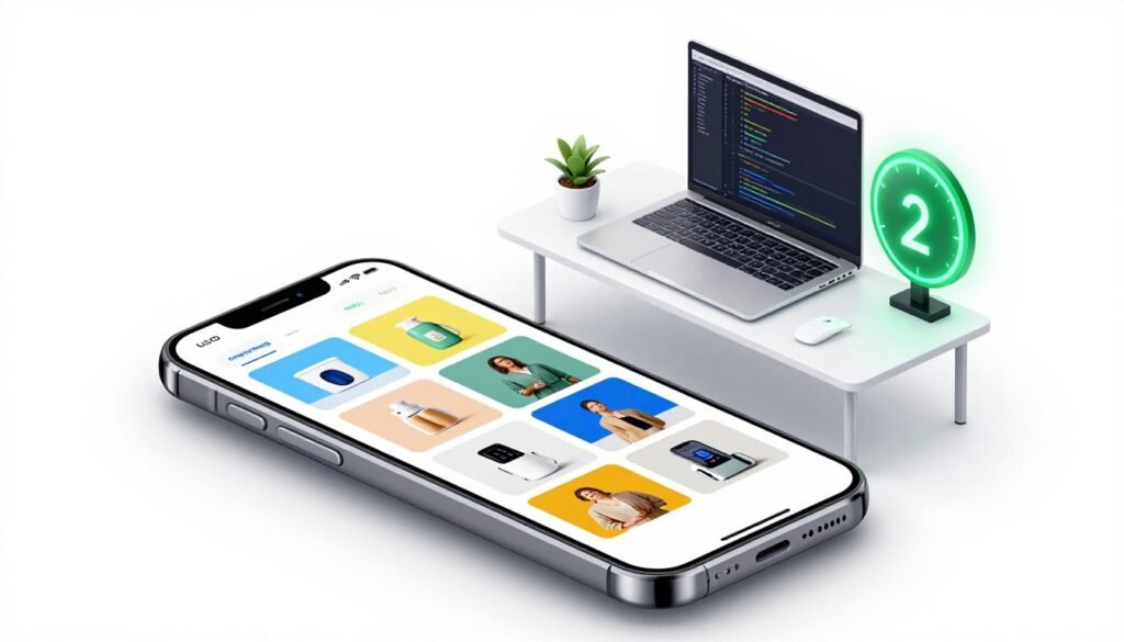 A premium 3D isometric phone displays a glowing green speed timer indicating 2 seconds, symbolizing optimized loading times. In the foreground, the screen shows a vibrant collage of images being lazily loaded, showcasing various products with smooth transitions. The middle layer features a sleek, modern workspace with a well-organized developer's desk, including a laptop screen showing coding interfaces and performance analytics. The background is a clean, professional white, emphasizing efficiency and speed. The lighting is bright and airy, with a slight soft glow to create an inviting atmosphere. The brand "commercecure" subtly appears on the phone casing, reinforcing the theme of high-performance e-commerce. This image embodies the concept of optimizing image loading for enhanced website speed.