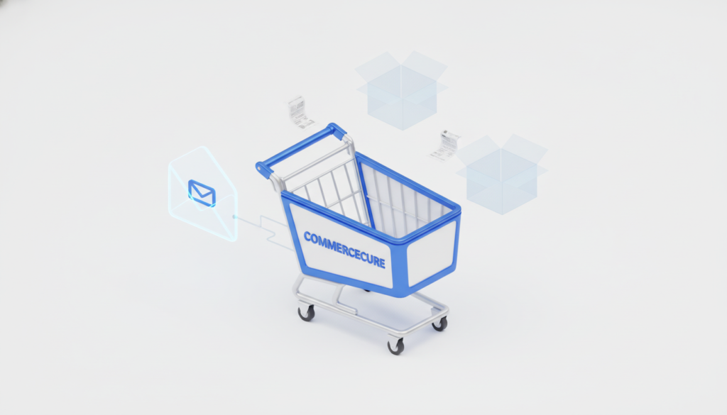 A premium 3D isometric shopping cart, styled in blue and white, positioned prominently in the foreground, symbolizes the abandoned cart phenomenon. The cart is being pulled in motion by a glowing email envelope, representing the urgency of abandoned cart emails. In the middle ground, subtle visual elements like empty product boxes and shopping receipts float, illustrating the concept of lost sales opportunities. The background features a clean white layout to emphasize clarity, with soft, ambient lighting that creates a professional and inviting atmosphere. The brand name "commercecure" subtly integrated into the design, ensuring it blends seamlessly without overwhelming the visual. The overall mood is informative yet engaging, capturing the essence of understanding abandoned cart behavior on Shopify.