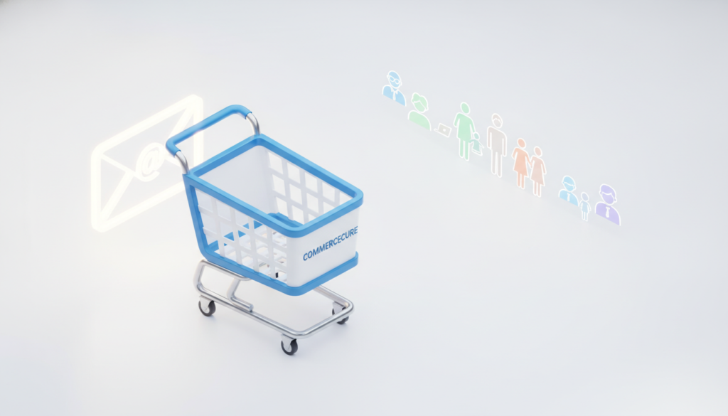 A premium 3D isometric shopping cart, vibrant blue and white, sits prominently in the foreground, pulling a glowing email envelope that radiates a soft light. The email envelope symbolizes communication and connection in the world of DTC merchandising. In the middle ground, consider subtle imagery representing personalization and segmentation, such as various customer profiles depicted as icons or silhouettes, showcasing diverse demographics. The background features a clean, minimalist white setting, enhancing the overall focus on the cart and the envelope. The lighting is bright and inviting, suggesting a sense of opportunity and engagement. The brand name "commercecure" appears creatively integrated into the shopping cart design, emphasizing modern e-commerce practices, while the entire scene exudes a professional and innovative atmosphere.
