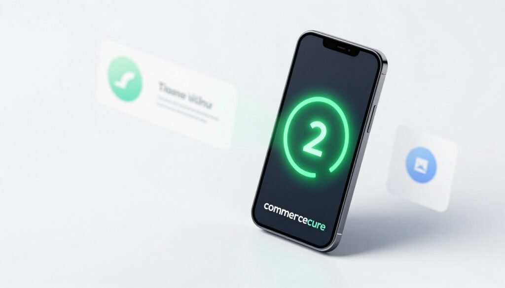 A premium 3D isometric smartphone depicted in the foreground, showcasing a glowing green 2-second speed timer on its screen to symbolize fast performance. The phone displays the brand name "commercecure" prominently at the bottom, indicating its advanced capabilities. In the middle ground, subtle visual elements representing third-party analytics and tracking scripts are arranged in a way that illustrates their deferment, with faded icons and graphical interfaces softly blurred. The background features a clean, minimalistic white backdrop to enhance focus on the phone and details. Soft, diffused lighting creates an inviting and professional atmosphere, illuminating the phone while casting gentle shadows. The overall mood is one of efficiency and technological progress, perfect for conveying the concept of optimizing website speed through effective management of tracking scripts.