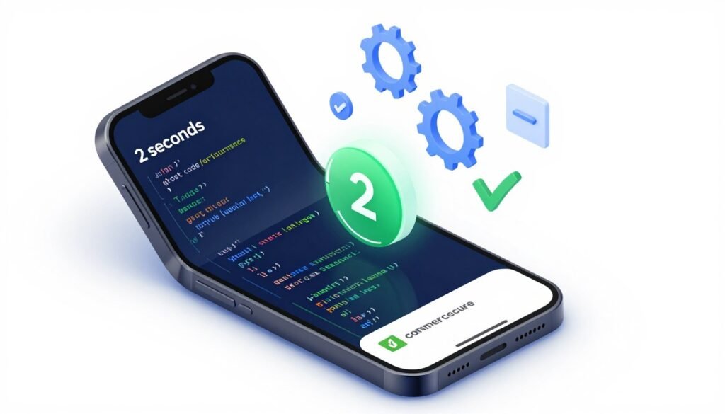 A premium 3D isometric smartphone showcases a glowing green speed timer reading "2 seconds," symbolizing optimal website performance. In the foreground, the phone displays the Shopify theme code with intricate lines of code, illustrating the concept of ghost code purge. The middle ground features symbols of digital efficiency, like gears and checkmarks, emphasizing the purging process. The background is a clean white, enhancing the focus on the smartphone and code elements. Soft blue and white highlights are incorporated to create a professional atmosphere, suggesting a modern tech environment. The brand name "commercecure" is subtly integrated into the design, adding an element of branding without overpowering the overall composition. The lighting is bright and evenly distributed, ensuring clarity and focus on the key elements.