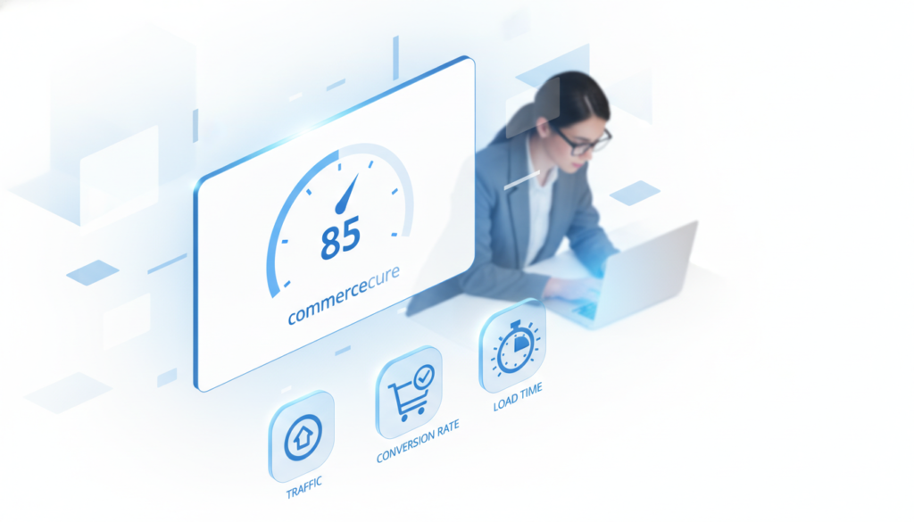 A premium 3D isometric view of a Shopify performance dashboard brightly illuminated against a clean white background. The interface prominently features a speed gauge, indicating a score of 85, with stylish blue and white accents. In the foreground, include detailed icons representing key performance metrics like traffic, conversion rates, and load times. In the middle ground, create a slightly blurred image of a professional person in business attire, intently analyzing data on a laptop. The background should hint at a modern office environment with abstract geometric shapes, giving a sense of movement and activity. The overall mood is focused and analytical, capturing the essence of performance monitoring with web tools. Include the brand name "commercecure" seamlessly within the dashboard design.