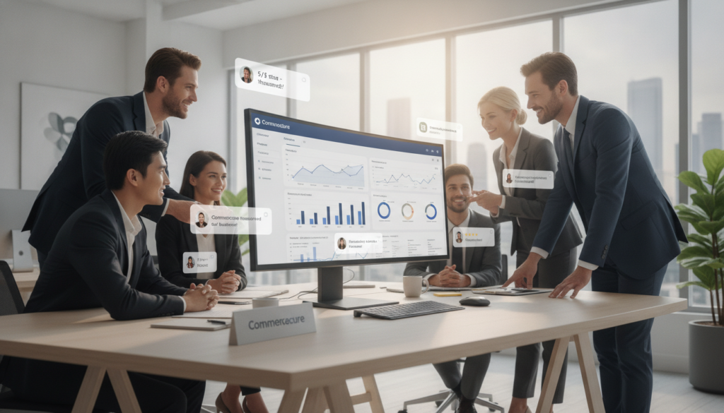 A professional and clean workspace showcasing a modern Shopify dashboard on a sleek computer screen, with engaging analytics charts and customer reviews displayed prominently. In the foreground, a diverse group of businesspeople in professional attire are discussing the screen, exuding a sense of collaboration and trust. The middle layer includes elements illustrating social proof, such as glowing customer testimonials in minimalist pop-up notifications. The background features a bright, well-lit office environment with minimalistic decor, fostering a mood of professionalism and credibility. Soft, natural lighting enhances the inviting atmosphere, while the branding for "Commercecure" subtly appears on the screen, ensuring a seamless integration of the brand into the scene.