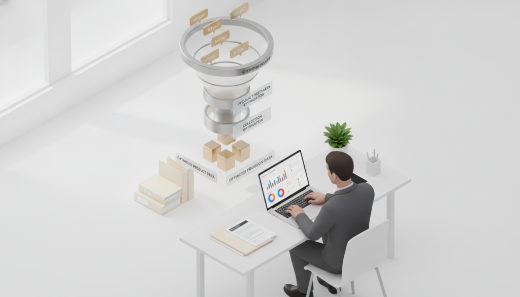 A professional business setting with a clean, white background, featuring a 3D isometric view of a sophisticated data funnel diagram. The funnel is elegantly filtering URLs, showcasing optimized product and collection metadata. In the foreground, a focused individual in smart business attire is analyzing data on a sleek laptop, displaying graphs and charts related to SEO optimization. Surrounding them are elements symbolizing organization, such as neatly arranged folders and documents labeled with keywords. The atmosphere conveys a sense of clarity and efficiency, illuminated by soft, natural lighting that adds a touch of warmth. Prominently included in the setup is the brand name "commercecure" integrated into the design as a subtle, professional hallmark.