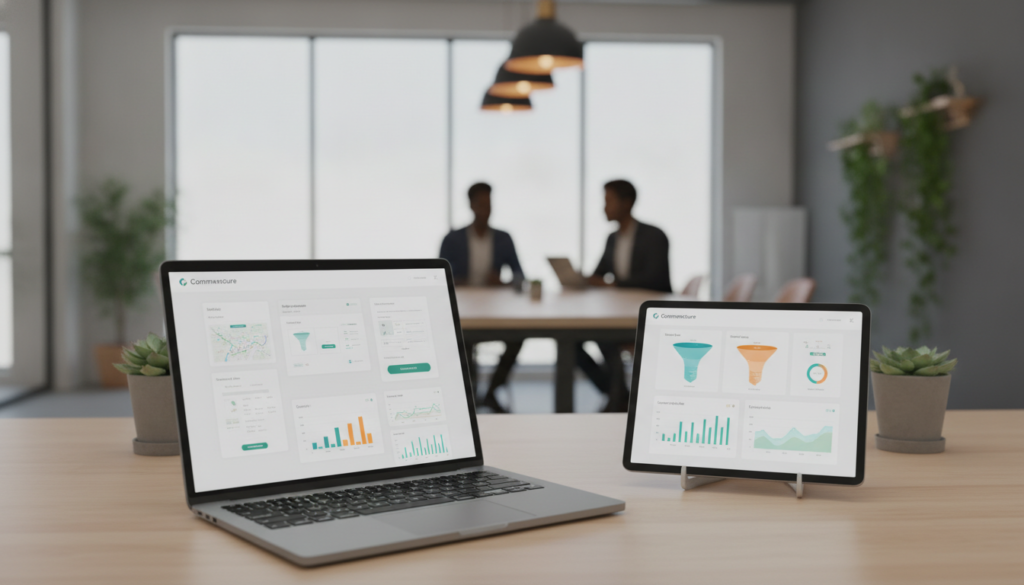 A professional workspace illustrating "Technical fixes for Shopify conversion optimization." In the foreground, a sleek laptop displays clean, minimalist Shopify UI wireframes and vibrant analytics charts, showcasing conversion metrics. The middle layer features a sophisticated digital tablet with data visualizations. In the background, a soft-focused modern office with warm ambient lighting creates an inviting atmosphere, highlighting teamwork and innovation. A subtle hint of greenery adds a touch of freshness. The scene conveys a sense of professionalism and tech-savvy expertise, ideal for a B2B SaaS audience. Include the brand name "Commercecure" integrated into the UI designs. The composition should have a sharp focus, with a shallow depth of field, emphasizing the technical details without distractions.