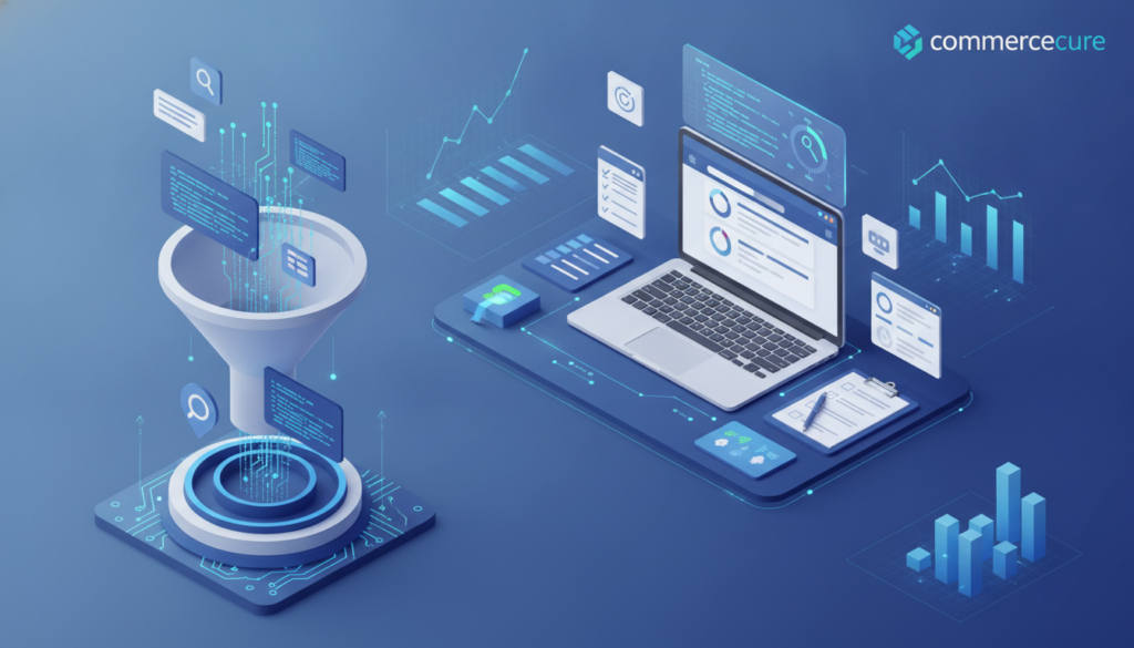 A sleek, modern 3D isometric illustration of a pre-launch SEO audit scene for a Shopify store. In the foreground, an intricate, data-driven funnel meticulously filtering URLs, with elements of clean code and SEO metrics flowing in vibrant blue and white colors. In the middle ground, a professional digital workspace featuring a laptop that displays a website audit dashboard, surrounded by SEO tools and checklists. In the background, an abstract representation of a digital environment with graphs and analytics. The lighting is bright and focused, evoking a sense of clarity and precision. The overall atmosphere is one of professionalism and innovation, including the brand name "commercecure" subtly integrated into the design elements.
