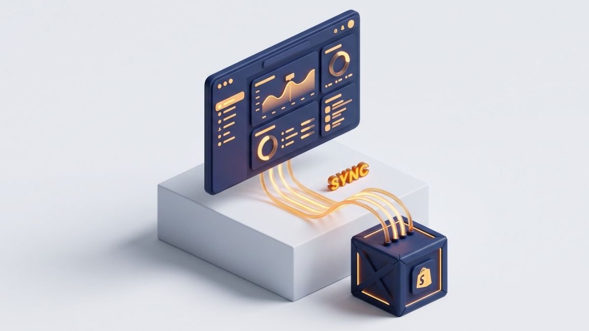 3D digital dashboard syncing Shopify order and inventory data via API.
