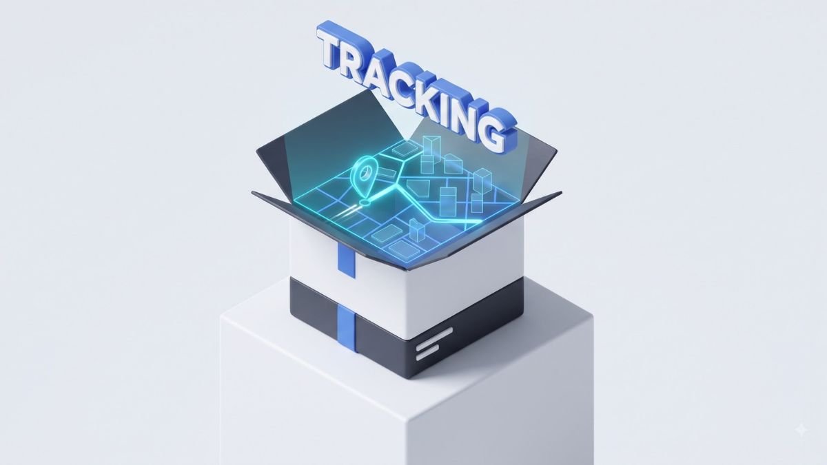 3D illustration of automated shipping tracking and order fulfillment.
