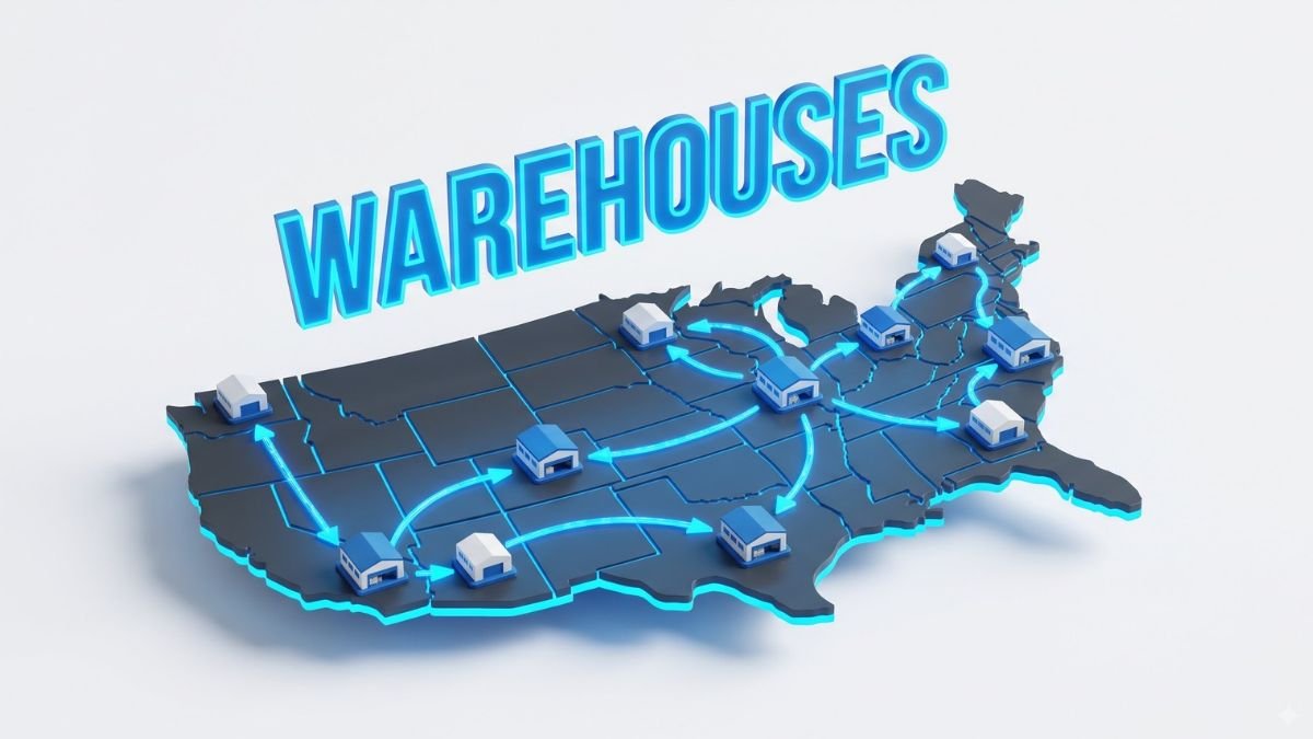3D digital map showing distributed US warehouse nodes for Shopify 3PLs.