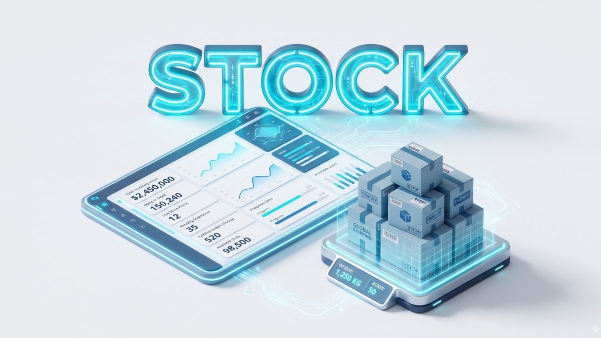 3D smart scale balancing physical warehouse boxes with digital stock numbers.