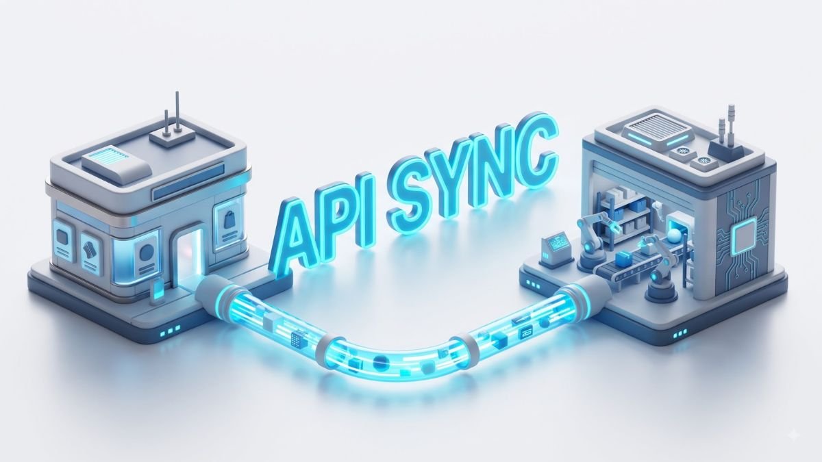 3D digital storefront connecting to a robotic warehouse via API sync.
