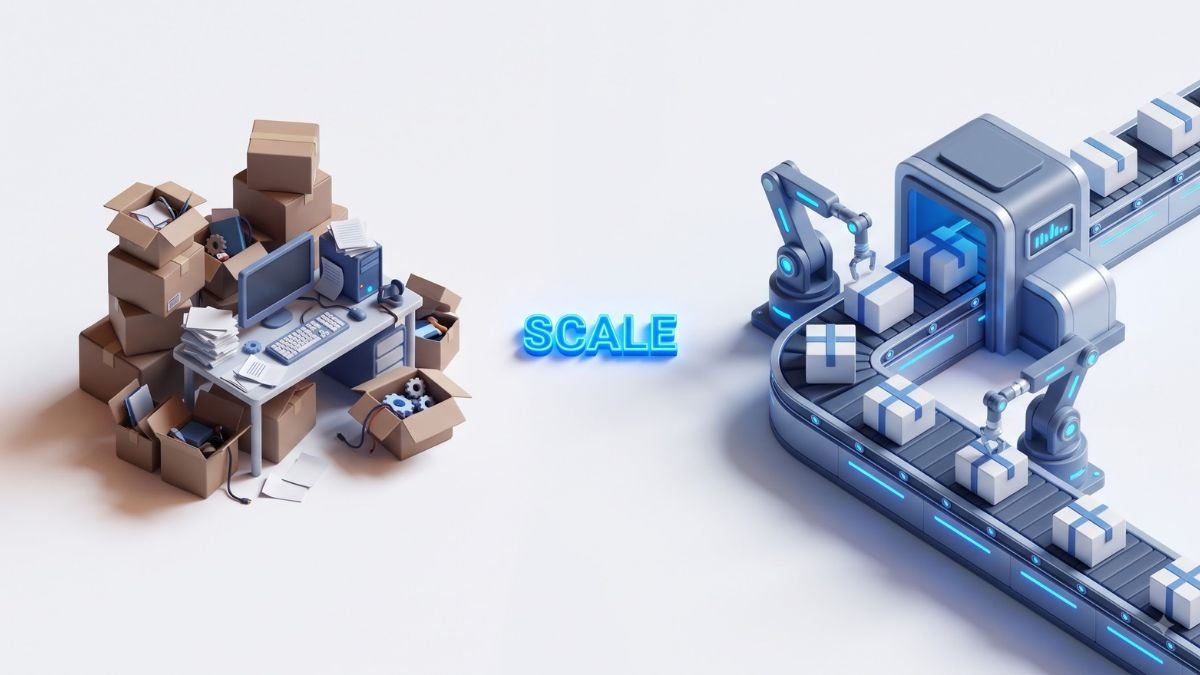3D comparison of messy in-house packing versus automated 3PL fulfillment.
