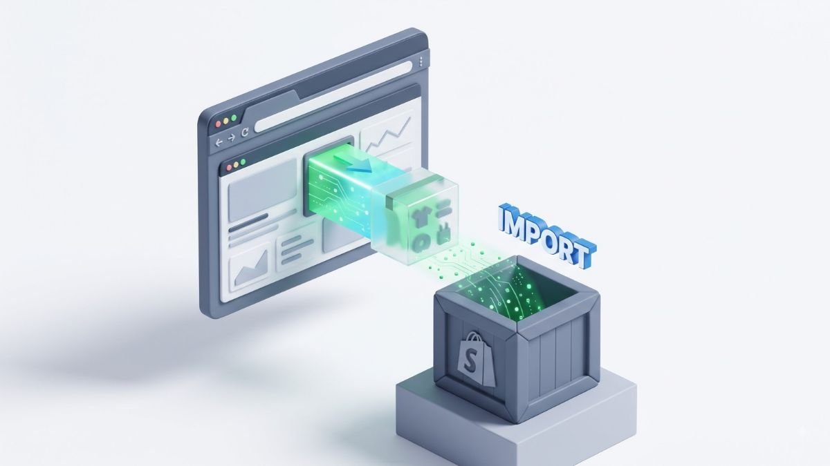 3D browser window importing products into a Shopify store crate.