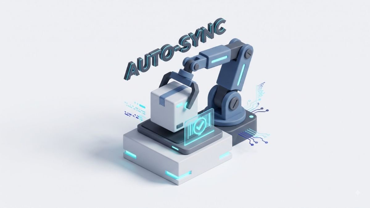3D robotic arm scanning a parcel with an automated tracking sync checkmark
