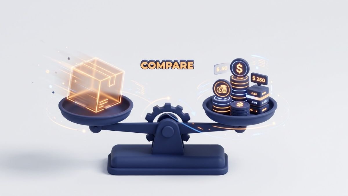 3D scale balancing shipping speed against product pricing.