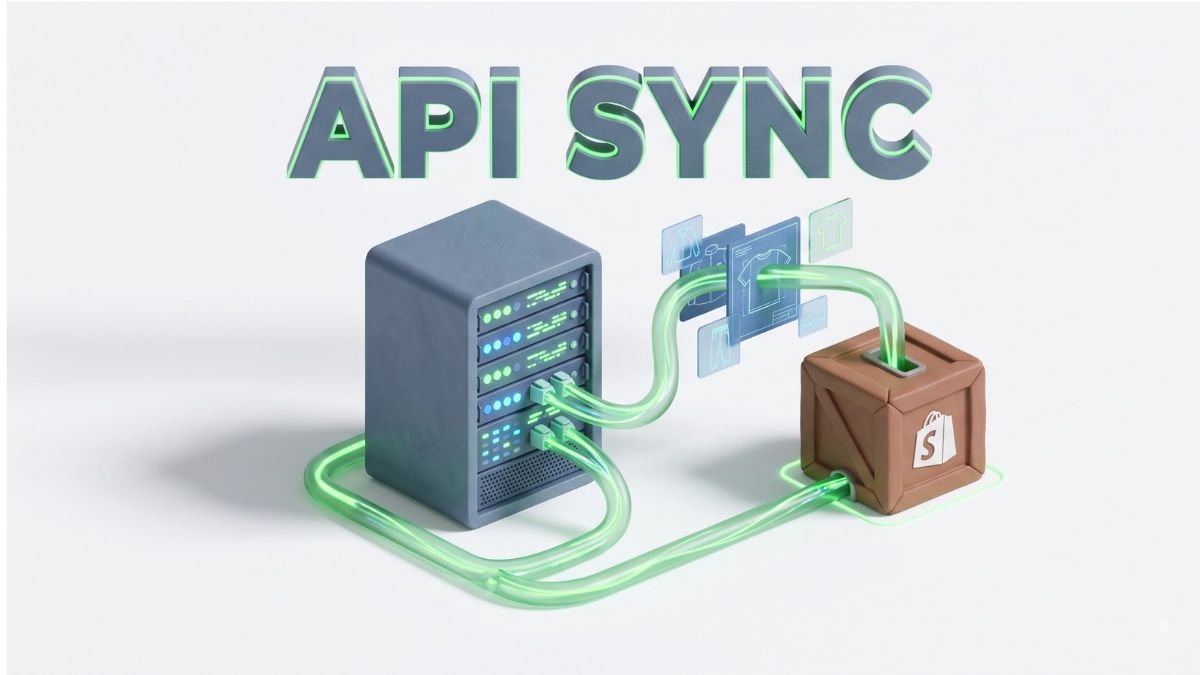 3D illustration of an API sync between a POD supplier and a Shopify store.