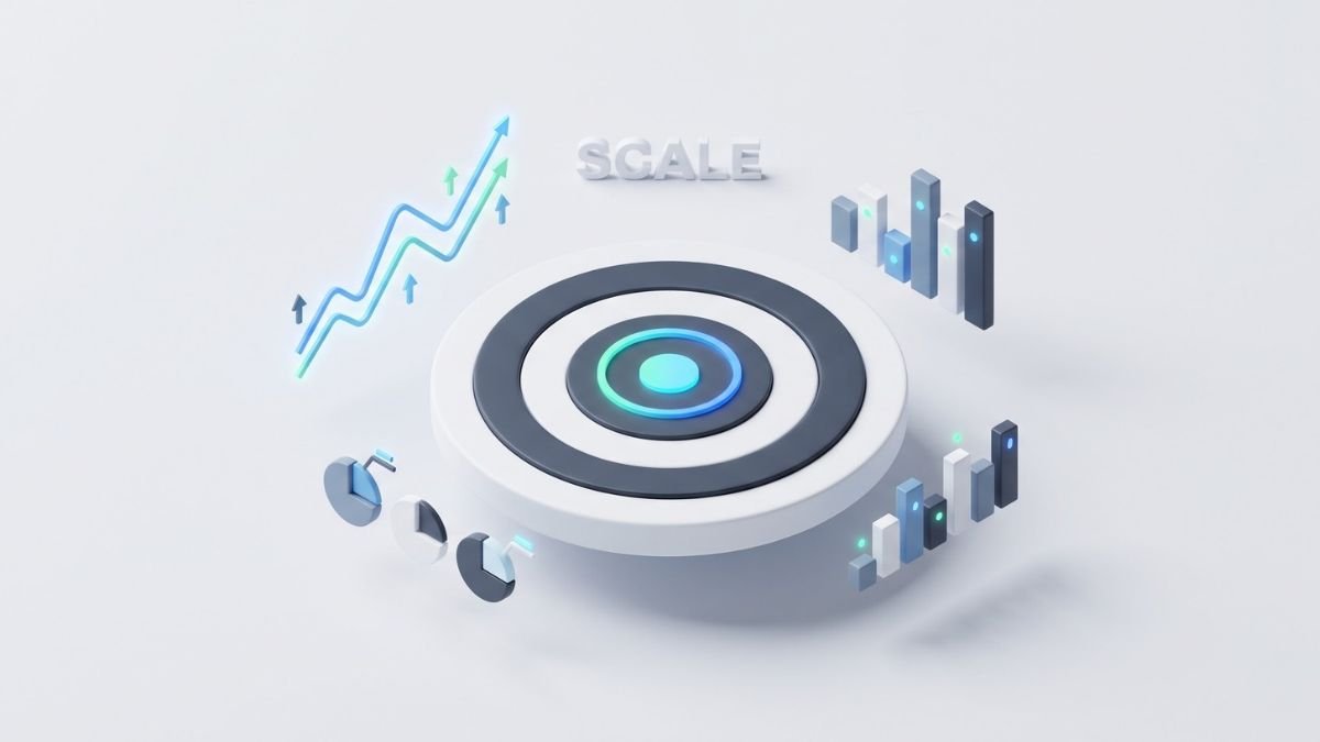 3D illustration of data charts and growth metrics for scaling a store.