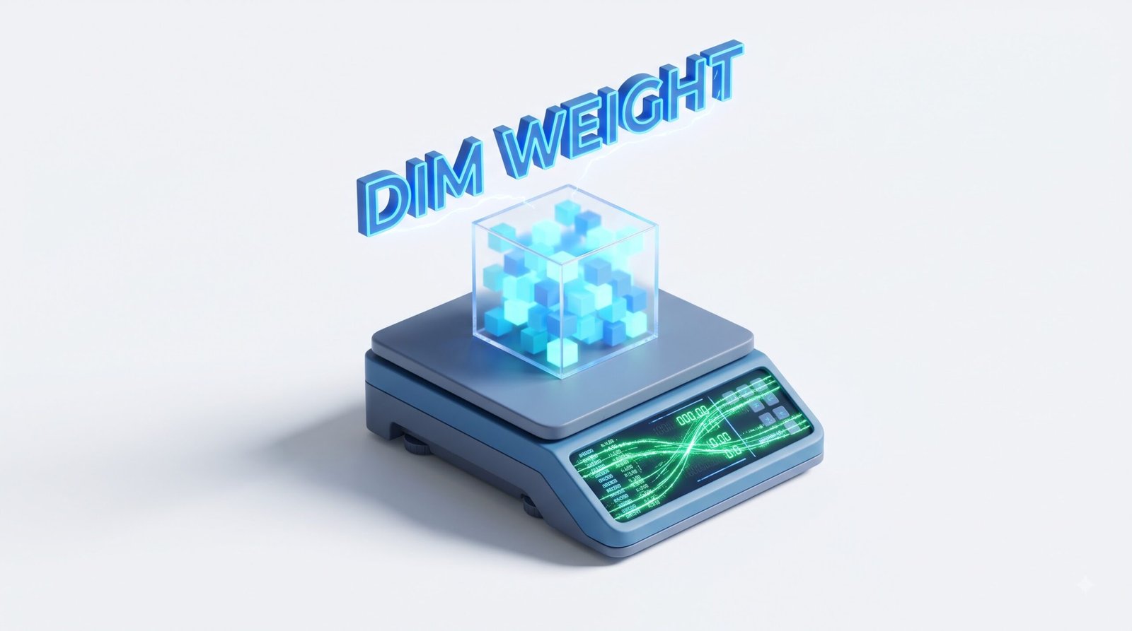 3D digital scale weighing a transparent box, highlighting the dimensional weight gap in how does shopify shipping work.
