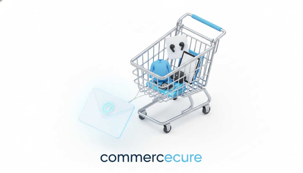 Premium 3D isometric shopping cart, intricately designed with various product icons like clothing and electronics, pulled by a glowing, translucent email envelope emitting soft blue and white light. The scene is set against a clean, white background, emphasizing the cart and envelope. A subtle shadow adds depth to the composition. In the foreground, the brand name "commercecure" appears in sleek, modern typography, integrating seamlessly with the imagery. The mood is professional yet inviting, conveying an atmosphere of effective e-commerce strategies. Use a wide-angle lens to capture the vibrant colors and details, ensuring a polished look that represents an engaging abandoned cart email strategy.