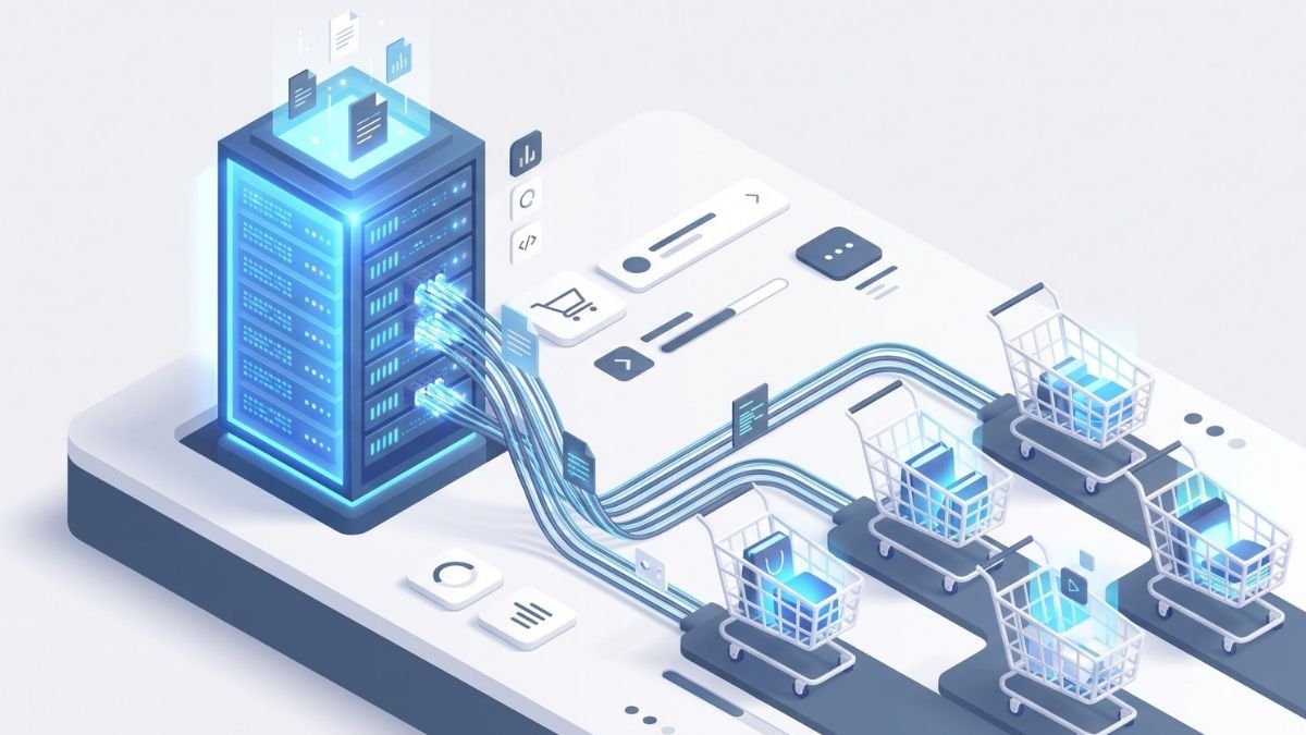3D isometric illustration of a data server routing large digital files to e-commerce checkouts.