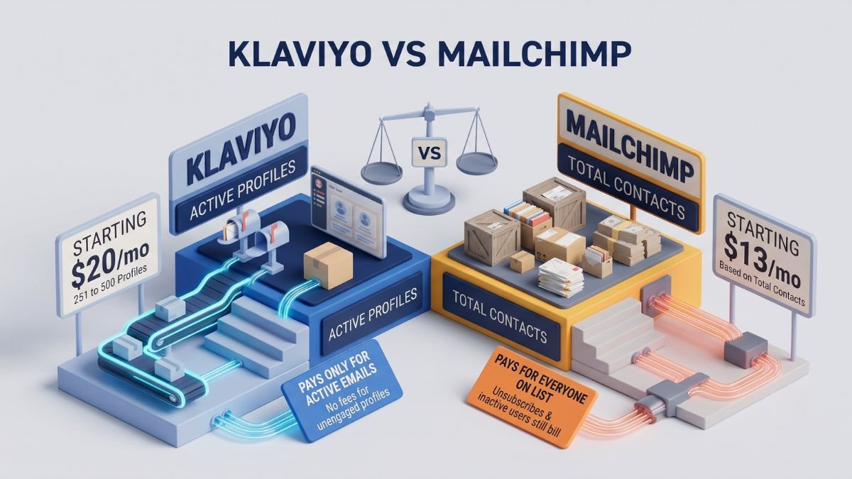 A side-by-side 3D isometric blueprint comparison of Klaviyo (on the left, billing based only on Active Profiles) and Mailchimp (on the right, billing based on Total Contacts, including unsubscribes and inactive profiles), balanced by a central 3D scale labeled VS.