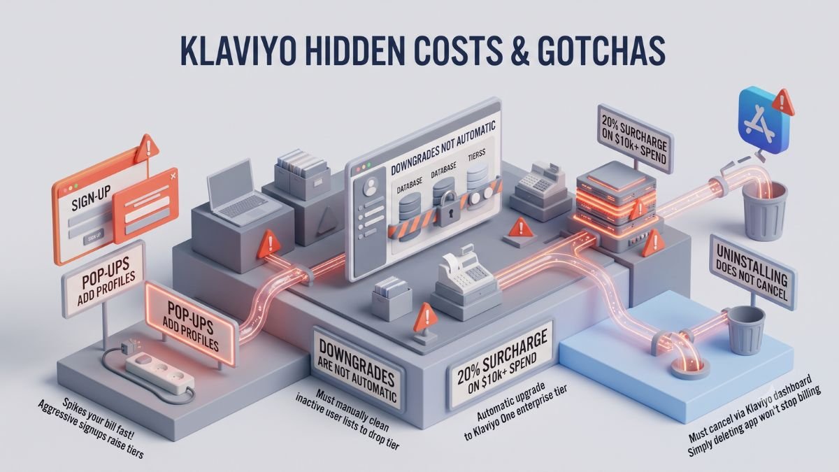A minimalist 3D isometric infographic detailing Klaviyo's "Hidden Costs & Gotchas" using caution-labeled modular platforms (Pop-ups Add Profiles, Downgrades Are Not Automatic, 20% Enterprise Surcharge on $10k+ Spend, and Uninstalling Does Not Cancel) connected on a light-grey matte plain.