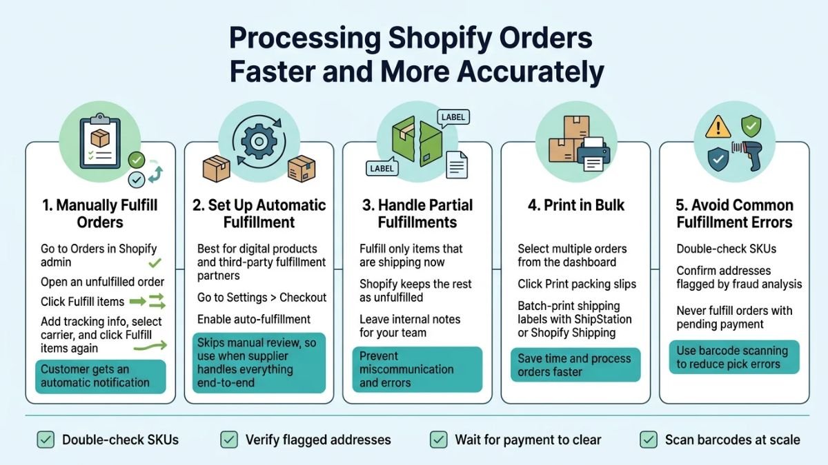 Step-by-step infographic on how to manage orders on Shopify across 5 workflows: manual fulfillment, automatic fulfillment setup, handling partial fulfillments, bulk printing packing slips and labels, and avoiding fulfillment errors with barcode scanning.
