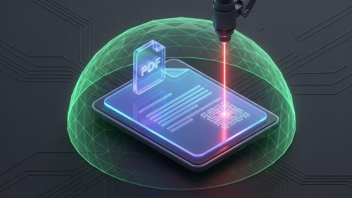 3D isometric graphic showing a digital PDF being secured with a dynamic watermark.