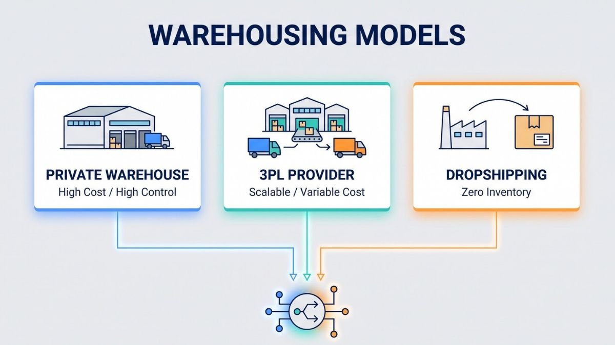 A flat 2D diagram comparison of three ecommerce warehousing models: Private Warehouses (high control), 3PL Providers (scalable), and Dropshipping (zero inventory).