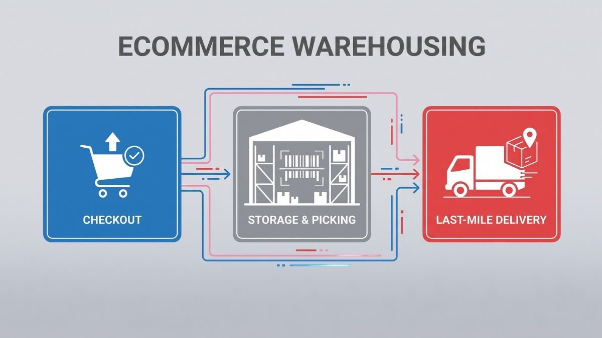 A flat 2D vector overview of the ecommerce warehousing lifecycle, showing the flow from digital checkout to warehouse storage and picking, ending in last-mile delivery, connected by data lines.