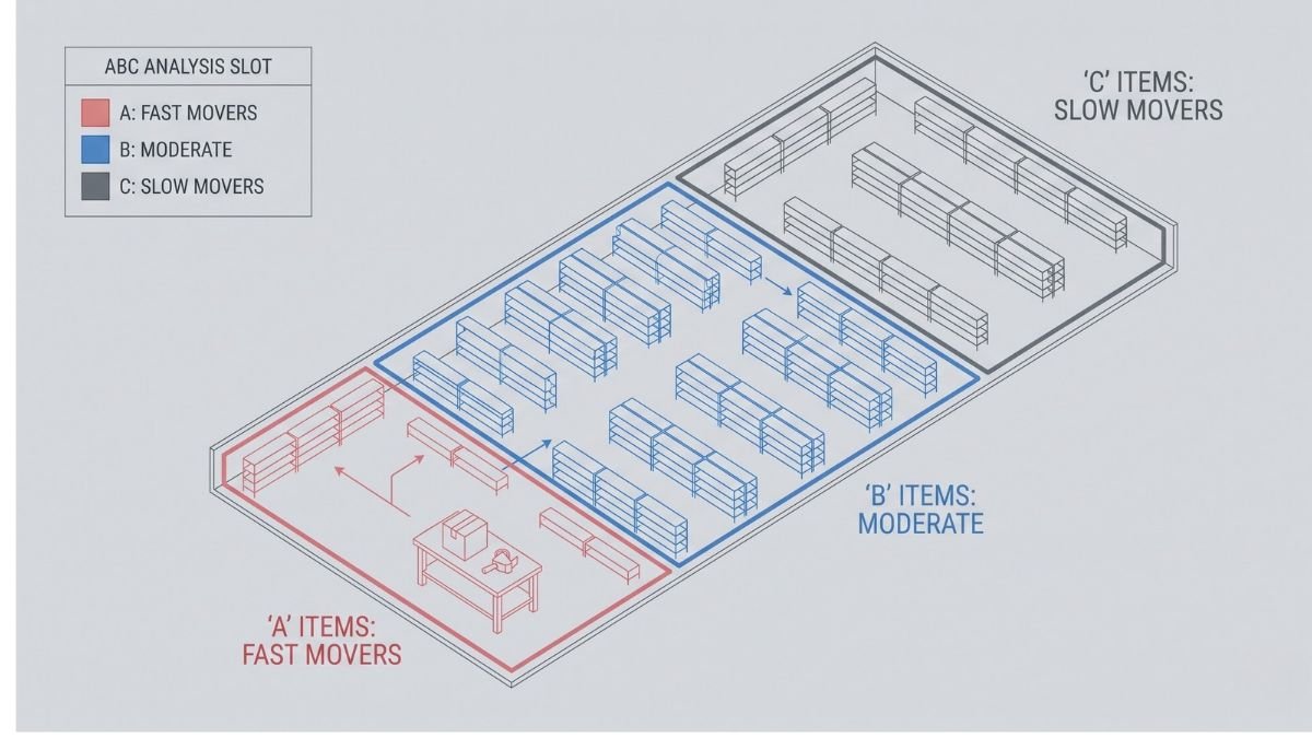 A top-down 2D warehouse floor plan demonstrating ABC SKU slotting, showing fast-moving "A" items placed closest to the packing stations and slow-moving "C" items stored in the back.