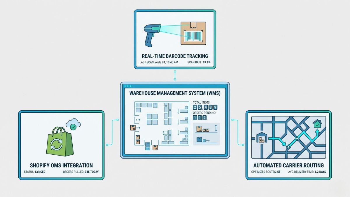 A flat 2D UI dashboard representing a Warehouse Management System (WMS), showing integrations for real-time barcode tracking, Shopify OMS syncing, and automated carrier routing.
