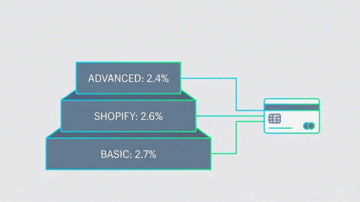 A flat 2D vector chart showing how Shopify's in-person transaction fees drop from 2.7% down to 2.4% as you upgrade your base ecommerce plan.