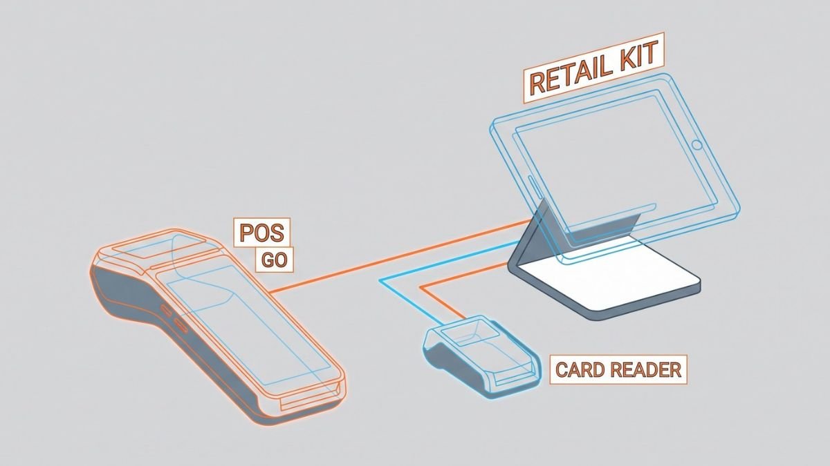 A flat 2D vector illustration of Shopify POS hardware options, including the Tap & Chip Card Reader, the mobile POS Go terminal, and a full iPad countertop retail kit.