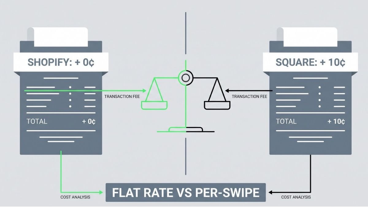 A flat 2D vector split-screen comparison highlighting the difference between Shopify's +0¢ flat per-swipe fee and Square's +10¢ per-swipe fee.