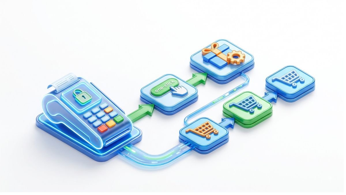 3D secure checkout terminal triggering a post-purchase upsell sequence on a white background