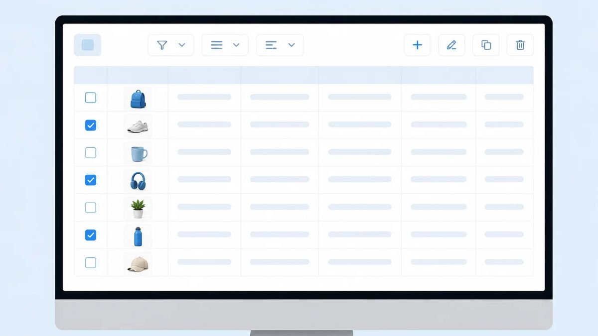 A magnifying glass hovering over blank inventory slots on a Shopify dashboard mockup.