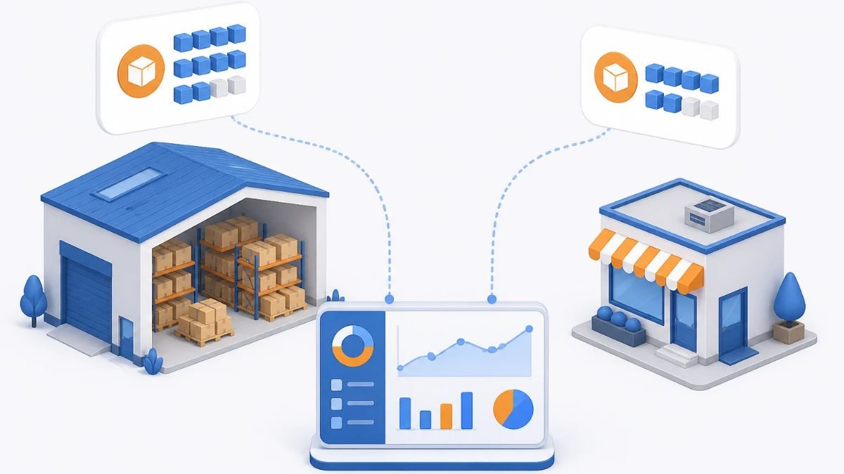 A 3D isometric illustration of a fulfillment warehouse and a retail storefront syncing their inventory data into a central digital analytics dashboard.