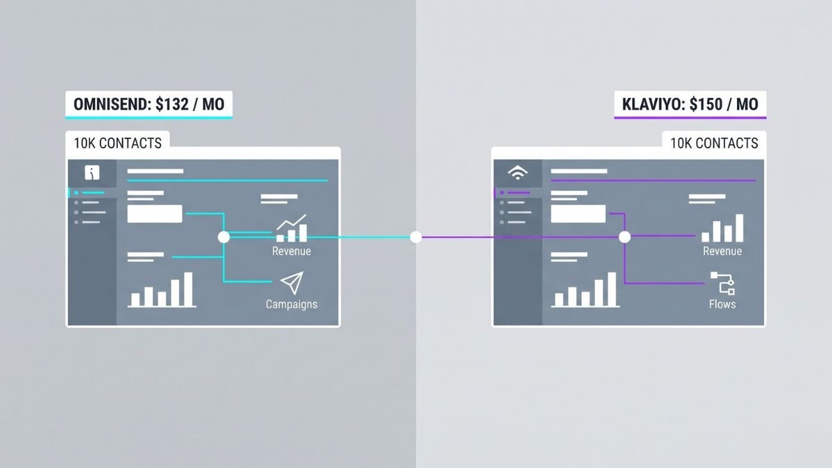 A flat 2D vector comparison showing Omnisend pricing versus Klaviyo pricing for a store with 10,000 active contacts.