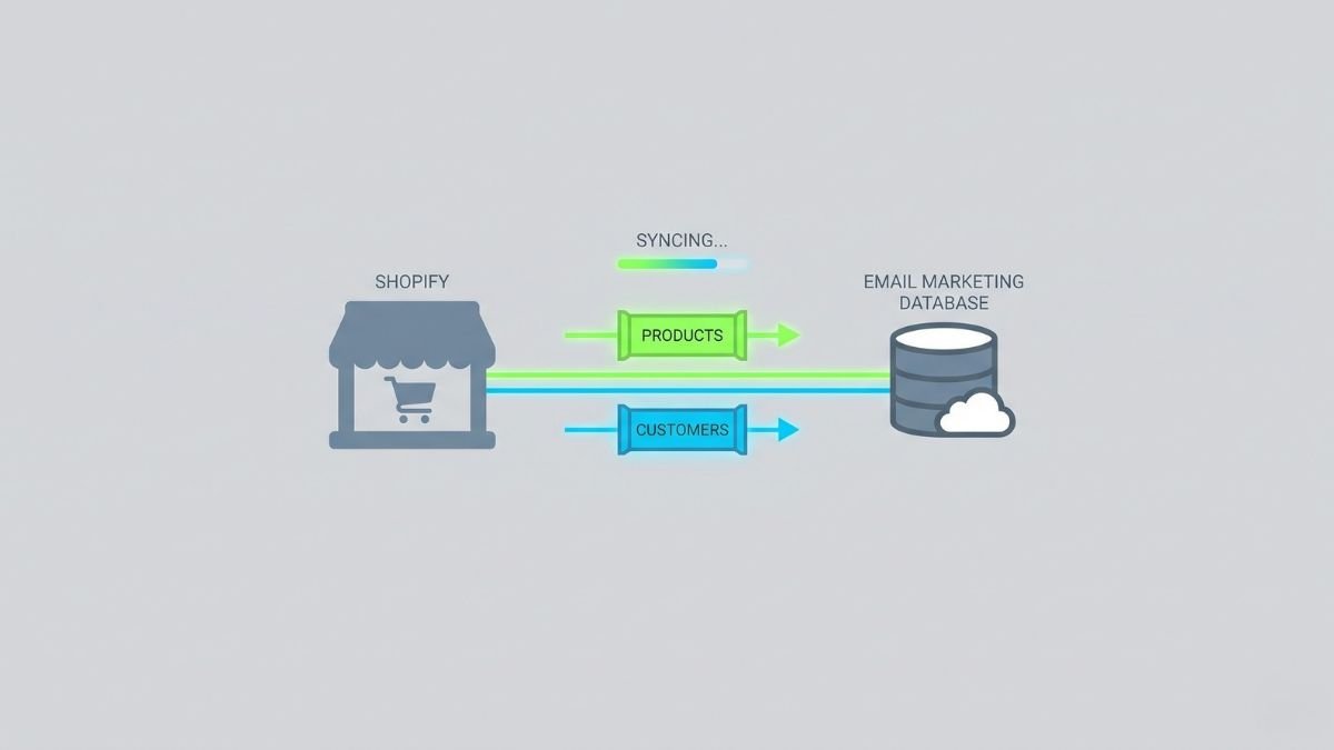 A flat 2D vector illustration showing Shopify customer and product data seamlessly syncing into the Omnisend platform.