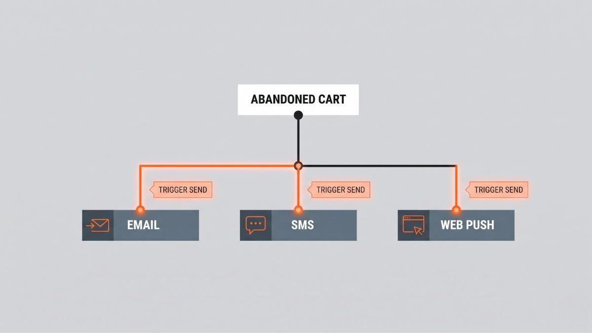 A flat 2D vector flowchart showing an abandoned cart automation sequence combining Email, SMS, and Web Push notifications.