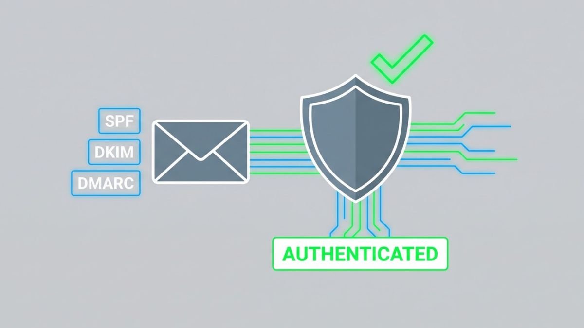 A flat 2D vector illustration representing email deliverability protocols including SPF, DKIM, and DMARC authentication.